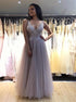 A Line V Neck Sequins Tulle Backless Prom Dress LBQ3952